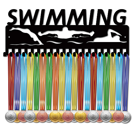CREATCABIN Swimming Medal Holder Hanger Medals Display Rack Black Metal Iron Medal Shelf Hanger Organizer Medal Stand Frame Wall Mounted with 20 Hanging Hooks for Lanyard Ribbon Swimmers 6x15.7Inch ODIS-WH0028-127-1