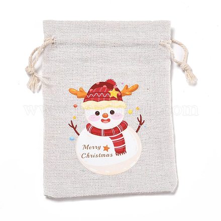 クリスマスコットンクロス収納ポーチ  長方形巾着袋  キャンディーギフトバッグ用  雪だるま模様  13.8x10x0.1cm ABAG-M004-02D-1