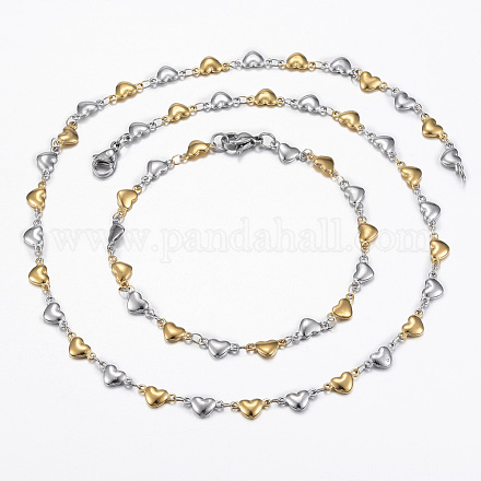 Set di gioielli a due anelli in acciaio inossidabile con catena a cuore X-SJEW-H103-12GP-1