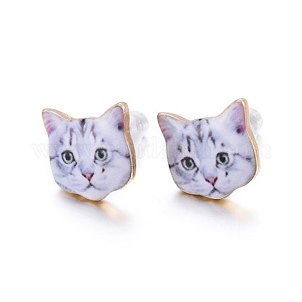 Real 14K Gold Plated Alloy Kitten Stud Earrings EJEW-G148-01G-04-1