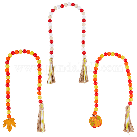 SUPERFINDINGS 3Pcs 3 Style Halloween Wood Beads Garland with Tassel Wood Bead Chains with Pumpkin and Maple Leaf Pendant Farmhouse Home Holiday Hanging Decorations 69-85cm HJEW-AB00040-1