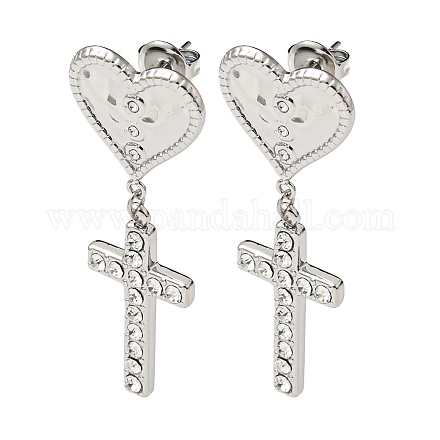 Coeur avec croix 304 boucles d'oreilles pendantes en acier inoxydable EJEW-K269-02P-1