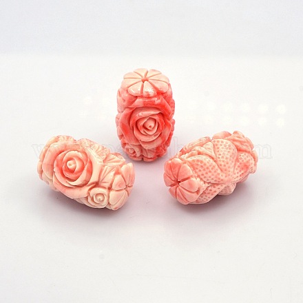 Opaque Resin Barrel Carved Rose Beads RESI-E005-08-21mm-1