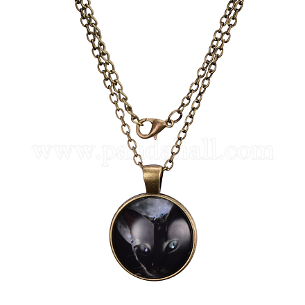 Кошка узор плоские круглые стекла кулон ожерелье X-NJEW-N0051-015Z-01-1