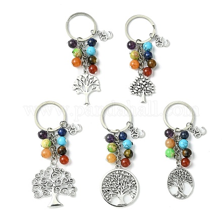 7 porte-clés pendentif en perles de pierres précieuses chakra avec breloque arbre de vie en alliage de style tibétain KEYC-JKC00542-1