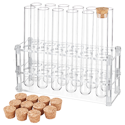 OLYCRAFT 12 Pcs Glass Test Tubes with Rack Glass Test Tubes with Cork Stoppers Clear Test Tubes with Acrylic Holder 12 Holes Tubes Rack Kit for Scientific Experiments Decorations Crafts 6.1 inch AJEW-OC0004-31-1