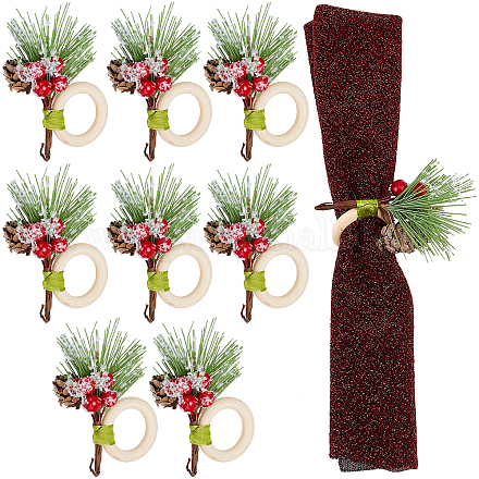 クリスマスのテーマ木製ナプキンリング  プラスチックパーツのある松果体  パーティーの結婚式の宴会の夕食の装飾のため  ファイヤーブリック  100x75x34mm AJEW-WH0261-91-1