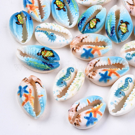 Printed Natural Cowrie Shell Beads X-SHEL-S266-21-1