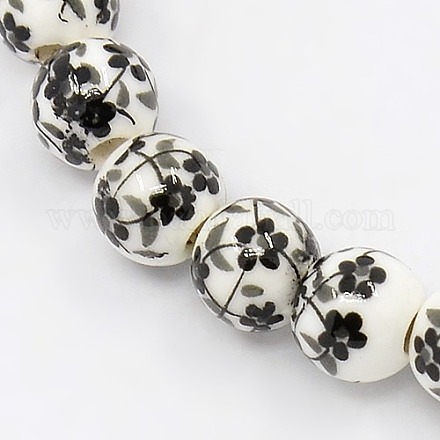 Perles rondes à la main de porcelaine imprimé brins PORC-L004-6mm-07-1