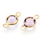 Ion Plating(IP) 304 Stainless Steel with Glass Connector Charms, Flat Round Links, Stainless Steel Color, Real 18K Gold Plated, Plum, 12.5x7x2mm, Hole: 1.5mm