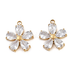 Ciondoli in acciaio inossidabile 304 con micro pavé di zirconi cubici, pendente a fiore, vero placcato oro 18k, placcatura ionica (ip), chiaro, 16x14x3.5mm, Foro: 1.6 mm