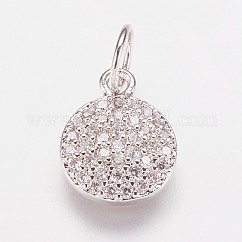 Messing Zirkonia Anhänger, cadmiumfrei und bleifrei, flache runde Charme, Platin Farbe, 10x8x2 mm, Bohrung: 3 mm