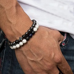 2 Uds. Conjunto de pulseras elásticas de ágata negra esmerilada y howlita natural redonda de 2mm de 8 estilos, pulseras cruzadas apilables para hombres