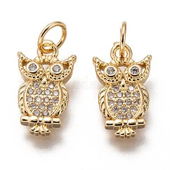 Breloques en laiton zircon cubique transparent, sans cadmium et sans plomb, Plaqué longue durée, avec anneau de jonction, forme de hibou, or, 14.5x8x2.5mm, anneau de jonction: 5x1mm, 3 mm de diamètre intérieur 