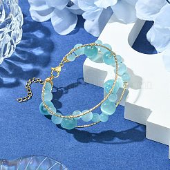 Braccialetti da donna in ottone con perline cat eye rotonde color azzurro cielo&nbsp;BJEW-JB10741