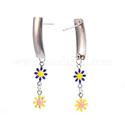 Boucles d'oreilles pendantes longues en émail rectangle avec fleur&nbsp;EJEW-N049-06A