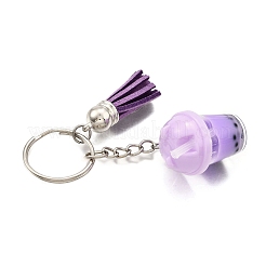 Porte-clés en résine imitation bubble tea avec pompon en faux daim et porte-clés à pompon en imitation daim.&nbsp;KEYC-JKC01203-01