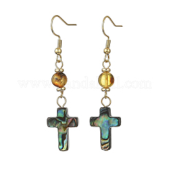 Ohrringe mit Kreuzmotiv aus natürlichem Bernstein und Abalone-/Paua-Muschel&nbsp;EJEW-JE07359