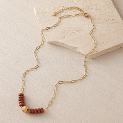 Collares de mujer con cuentas hexagonales de piedra dorada sintética y cadena de clip de papel de acero inoxidable 304.&nbsp;SG1071-2
