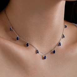 Rhodinierte 925 Sterling-Silber-Halskette mit blauem Pavé-Zirkonia und tropfenförmiger Quaste für Damen&nbsp;NJEW-Q342-14P