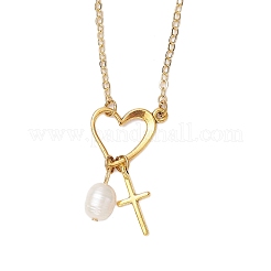 2 pz 2 colori acciaio inossidabile e ABS imitazione perla cuore croce collane per le donne&nbsp;NJEW-JN05201