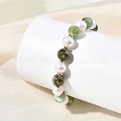 Pulseras elásticas redondas de cuentas de jaspe verde natural de 8 mm y perlas cultivadas de agua dulce para mujer.&nbsp;BJEW-JB14239