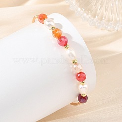 Brazaletes redondos de alambre francés de cobre con cuentas de ágata natural bandeada (teñida y calentada) y perlas de arroz.&nbsp;BJEW-JB14374-02