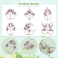 6 stücke 6 arten natürliche amethyst kupfer draht gewickelt chip große anhänger&nbsp;G-PH0002-16