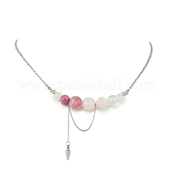 Colliers pour femmes composés d'un pendentif rond à perles dégradées en quartz rose naturel&nbsp;NJEW-TA00242-04