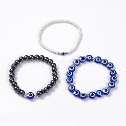 Set di 3 braccialetti elasticizzati con perline rotonde in stile 3 turchesi sintetici (tinti) ed ematite&nbsp;BJEW-JB07620
