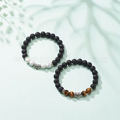 2 pièces 2 styles de bracelets extensibles en howlite naturelle et œil de tigre et roche de lave avec tube en alliage&nbsp;BJEW-JB08474
