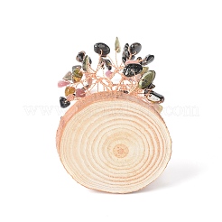 Éclats de tourmaline naturelle avec arbre d'argent en fil de laiton enveloppé sur des décorations d'affichage à base de bois&nbsp;DJEW-B007-05H