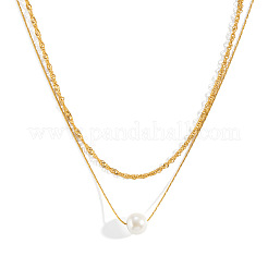 Collares de doble capa de acero inoxidable 304 con colgantes redondos de perlas de imitación blancas para mujer.&nbsp;KQ2558