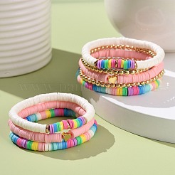 Bracelets extensibles heishi en argile polymère et hématite synthétique sertis de perles en laiton en forme de cœur pour mère et enfants&nbsp;BJEW-JB07429