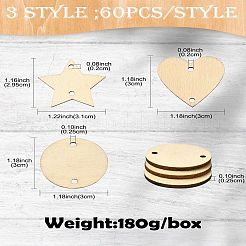 180 Stück 3 Stile ungefärbte unbehandelte Holzglieder&nbsp;WOOD-CJ0002-24