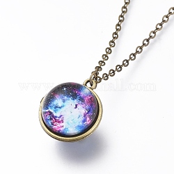 Glass Pendant Necklace, with Alloy Cable Chains and Lobster Claw Clasps, Cadmium Free & Lead Free, Round, Antique Bronze, Galaxy Pattern, 20.07 inch(51cm), Pendants: 24x21x19mm