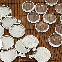Tibetan Style Nickel Free Pendant Cabochon Settings and Clear Circle Domed Glass Cabochon Cover, Antique Silver, Pendant: 41x32x4mm, Hole: 4mm, Tray: 30mm, Glass Cabochon: 30x8mm