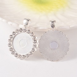 Flat Round Alloy Rhinestone Pendant Cabochon Settings, Cadmium Free & Lead Free, Silver Color Plated, Crystal, Tray: 20mm, 38x29.5x3mm, Hole: 4x7mm, about 45pcs/bag