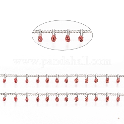 Brass Handmade Beaded Chain, Curb Chains, with Enamel, Long-Lasting Plated, Unwelded, with Spool, Red, 2x1.5x0.8mm, Charm: 6x2x2mm, about 32.8 Feet(10m)/roll