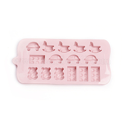 Food Grade Silicone Molds, Fondant Molds, For DIY Cake Decoration, Chocolate, Candy, UV Resin & Epoxy Resin Jewelry Making, Hobbyhorse & Bear & Car & Rectangle, Pink, 222x108x14~15.5mm, Car: 16x32.5mm, Hobbyhorse: 25.5x18.5mm, Rectangle: 35.5x21.5mm, Bear: 29x22mm