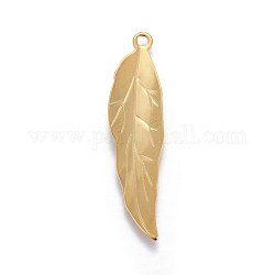 201 Stainless Steel Pendants, Leaf, Real 24k Gold Plated, 38x9.5x1.5mm, Hole: 1.8mm