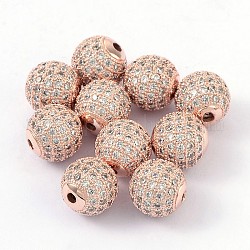 Perles de cubes zircone en laiton , ronde, or rose, 10mm, Trou: 2mm