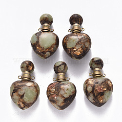 Heart Assembled Synthetic Bronzite and Aqua Terra Jasper Openable Perfume Bottle Pendants, with Brass Findings, Dyed, Golden, Capacity: 1ml(0.03 fl. oz), 37.5~38.5x22x13mm, Hole: 1.8mm