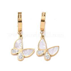 Resin Butterfly Dangle Hoop Earrings with Crystal Rhinestone, Gold Plated 304 Stainless Steel Jewelry for Women, White, 35mm, Pin: 1mm