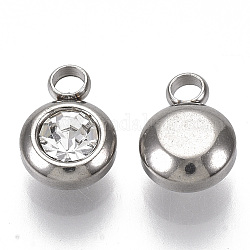 Charms di strass, amuleti di birthstone di aprile, con 201 in acciaio inox, rotondo e piatto, colore acciaio inossidabile, cirstallo, 9x6.5x4mm, Foro: 1.8 mm