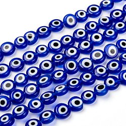 Handmade bösen Blick lampwork flache runde Perle Stränge, Blau, 8x3.2 mm, Bohrung: 1 mm, ca. 49 Stk. / Strang, 14.56 Zoll