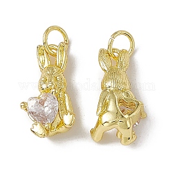 Rack Plating Brass Cubic Zirconia Pendants, with Jump Ring, Real 18K Gold Plated, Long-Lasting Plated, Cadmium Free & Nickel Free & Lead Free, Rabbit with Heart Charm, Clear, 16.5x8.5x5mm, Jump Ring: 5x0.9mm, Inner Diameter: 3.2mm