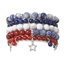 5pcs 5 Stil natürliche gemischte Edelsteine runde Perlen Stretch-Armbänder Set, Stapelbare Armbänder mit Sternanhängern aus Legierung, Innendurchmesser: 2-1/8~2-1/2 Zoll (5.5~6.5 cm), 1pc / style