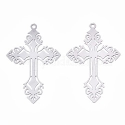 201 Stainless Steel Filigree Pendants, Etched Metal Embellishments, Cross, Stainless Steel Color, 40x25x0.3mm, Hole: 1.6mm