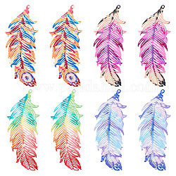 Biyun 16Pcs 4 Colors Spray Painted 430 Stainless Steel Pendants, Etched Metal Embellishments, Feather, Mixed Color, 47x19x0.6mm, Hole: 1mm, 4pcs/color